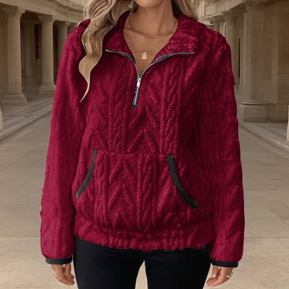 Antqov Jacket Women, Solid Color Pullover Double Fleece Half Zip Stand Up Collar Sweatshirt with Pockets, Fall Winter Soft Warm Comfortable Jackets