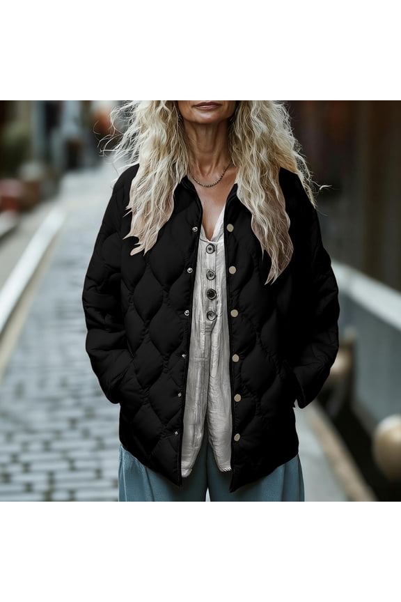 Jacket Women, Solid Color Rhombus Quilted Snap Button Stand Collar Cotton Coat, Daily Loose Warm Lightweight Casual Jackets