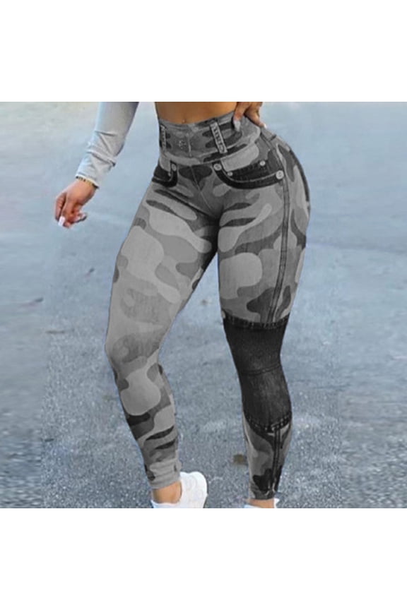 Jean Leggings for Women, High Waist Stretch Faux Denim Print with Butt Lifting Yoga Pants with Pockets, Outdoor Stylish Casual Lightweight Athletic Legging