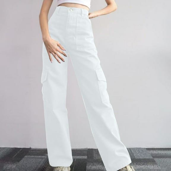 Antqov Jeans for Women, Solid Color High Waist Button Straight Wide Leg Jean with Multiple Pockets, Fall Outdoor Fashion Casual Work Pants