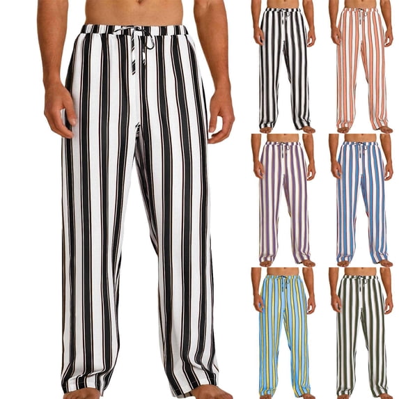 Antqov Linen Pants Men, Fashion Striped Print Elastic Waist Relaxed Fit Wide Leg Pants, Beach Lightweight Breathable Cozy Casual Pants Daily Homewear
