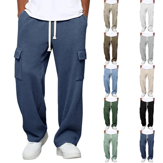 Antqov Linen Pants Men, Waffle Pattern Solid Color Drawstring Elastic Waist Wide Leg Sweatpants with Multi Pockets, Daily Fashion Casual Soft Loose Lightweight Beach Pants
