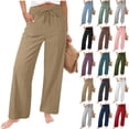 thumbnail image 1 of Antqov Linen Pants Women, Solid Color Drawstring Elastic Waist Loose Straight Leg Pants with Pockets, Summer Beach Comfy Breathable Casual Vacation Lounge Trousers, 1 of 9