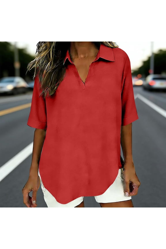 Linen Shirts for Women, Solid Color Lapel V Neck Loose Fitting Short Sleeve Blend Tops, Beach Fashion Summer Casual Cozy Breathable Blouses