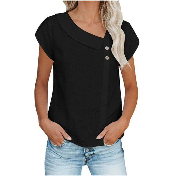 Antqov Linen Tops for Women, Solid Color Half Moon Collar Short Sleeve Button Up Loose Fitting Shirts, Daily Casual Comfy Lightweight Summer Beach Blouse
