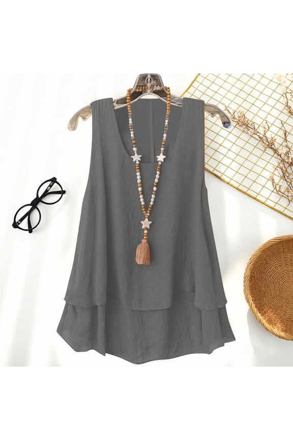 Linen Tops for Women, Solid Color Round Neck Loose Fitting Flowy Double Layer Tank Top, Summer Beach Trendy Casual Sleeveless Tops Lightweight Cozy Outfits