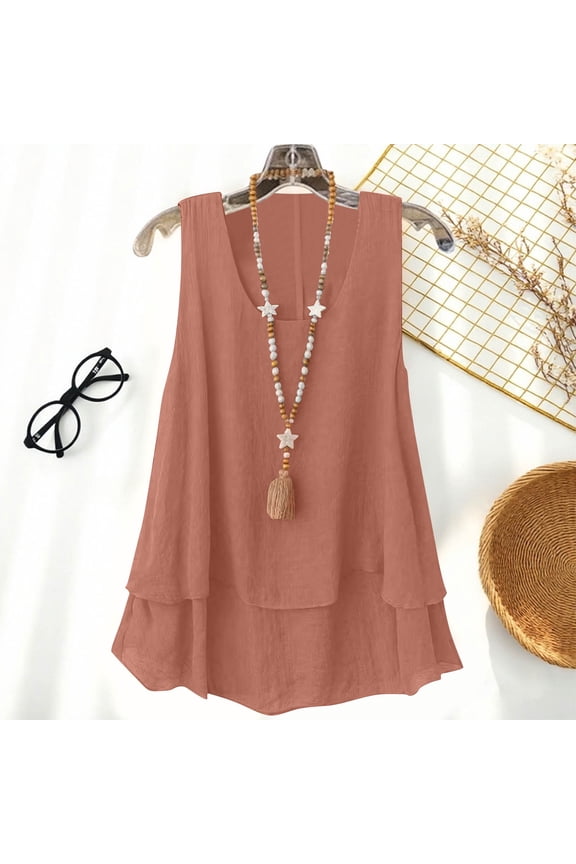 Linen Tops for Women, Solid Color Round Neck Loose Fitting Flowy Double Layer Tank Top, Summer Beach Trendy Casual Sleeveless Tops Lightweight Cozy Outfits