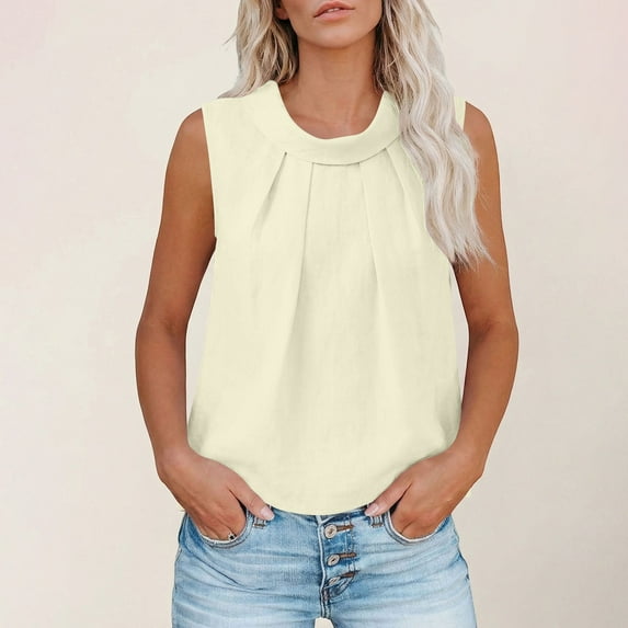 Antqov Linen Tops for Women, Solid Color Round Neck Front Pleats Open Back Tank Top, Daily Comfy Lightweight Summer Beach Sleeveless Blouse
