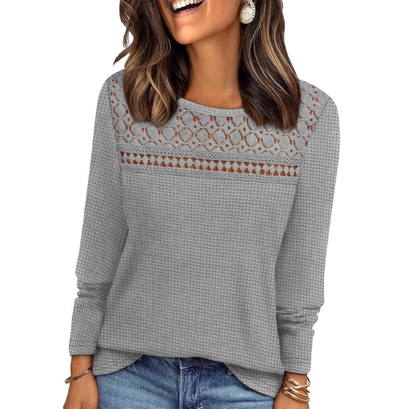Antqov Long Sleeve Shirts for Women, Solid Color Openwork Crew Neck Fashion Waffle Weave Loose Fitting Tops, Daily Comfortable Casual Oversized Outfits Soft Blouses