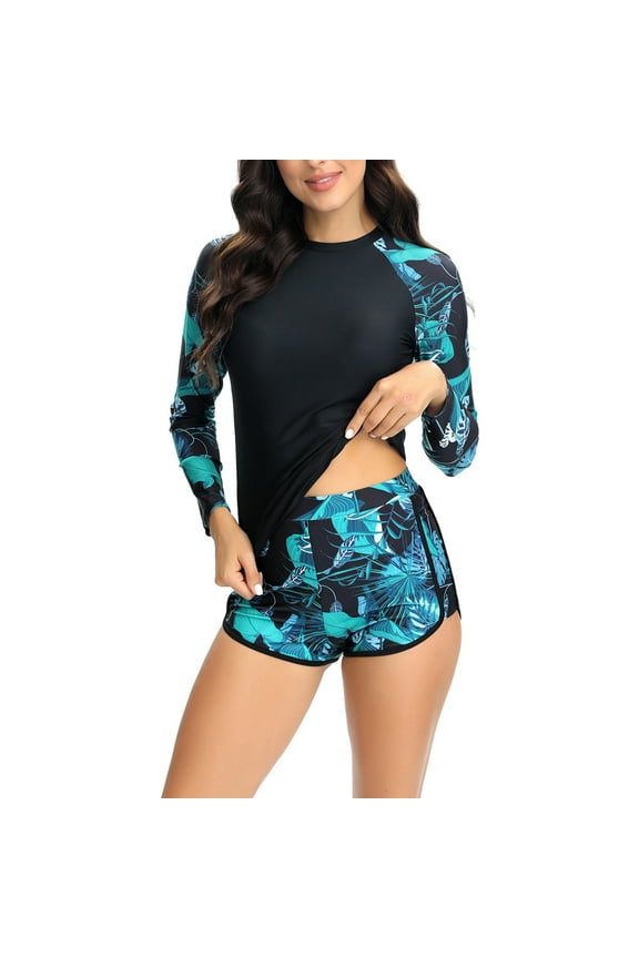 Long Sleeve Swimsuits for Women, Fashionable Rash Guard Color Blocking Separate Surfing Bathing Suits Tummy Control, Sports Cozy Casual Diving Suit Top & Short Swimwear