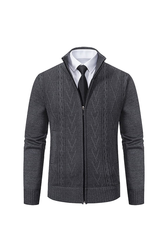 Mens Cardigan Sweater, Solid Color Zipper Stand Up Collar Knitted Sweater Jacket with Pockets, Fall Winter Outdoor Stretchy Soft Comfortable Sweaters