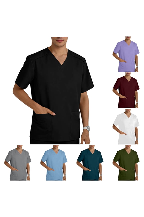 Mens Scrub Tops, Solid Color Pullover Short Sleeve V Neck Nursing T Shirt with Pockets, Healthcare Loose Cozy Lightweight Scrubs Workout Shirts