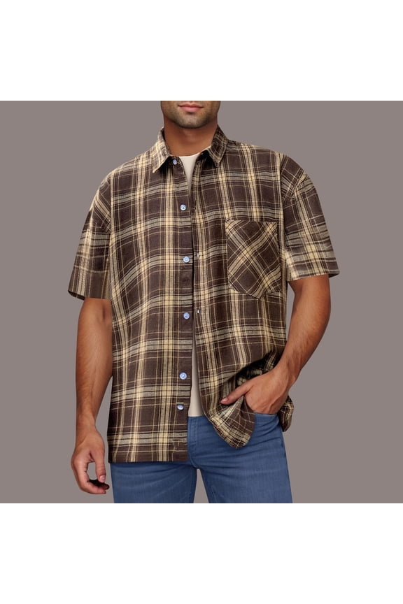 Mens Short Sleeve Button Down Shirts, Oversized Fashion Lapel Plaid Shirt with Pocket, Outdoor Summer Beach Vacation Cozy Casual Shirts