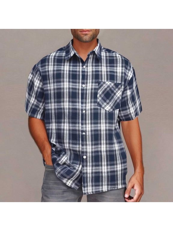 Mens Short Sleeve Button Down Shirts, Oversized Fashion Lapel Plaid Shirt with Pocket, Outdoor Summer Beach Vacation Cozy Casual Shirts