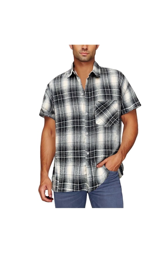 Mens Short Sleeve Button Down Shirts, Oversized Fashion Lapel Plaid Shirt with Pocket, Outdoor Summer Beach Vacation Cozy Casual Shirts