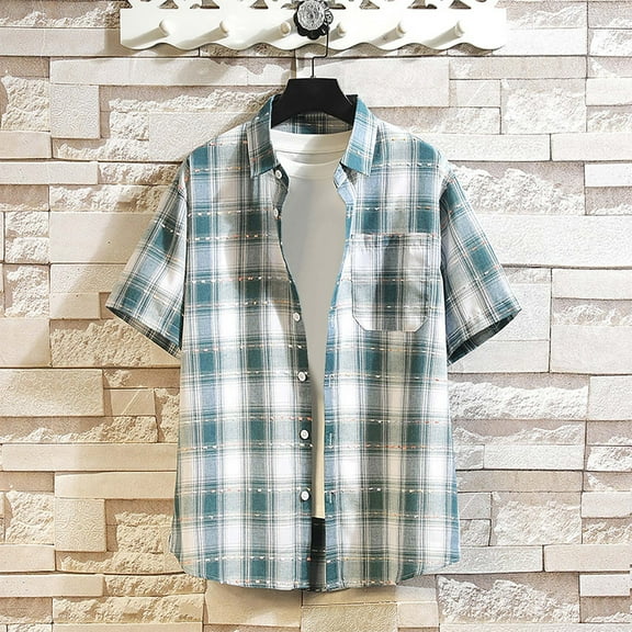 Antqov Mens Short Sleeve Button Down Shirts, Fashion Regular Fit Lapel Plaid Shirt with Pocket, Daily Casual Summer Beach Lightweight Comfortable Shirts