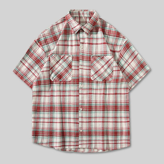 Antqov Mens Short Sleeve Button Down Shirts, Fashion Regular Fit Lapel Plaid Shirt with Pockets, Daily Casual Summer Beach Lightweight Comfortable Shirts