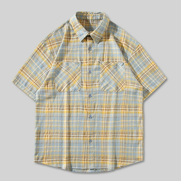Antqov Mens Short Sleeve Button Down Shirts, Fashion Regular Fit Lapel Plaid Shirt with Pockets, Daily Casual Summer Beach Lightweight Comfortable Shirts