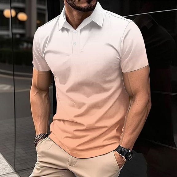 Antqov Mens T Shirts, Gradient Print Short Sleeve Turn Down Collar Button Up Tops, Outdoor Fitness Comfortable Casual Workout Shirts