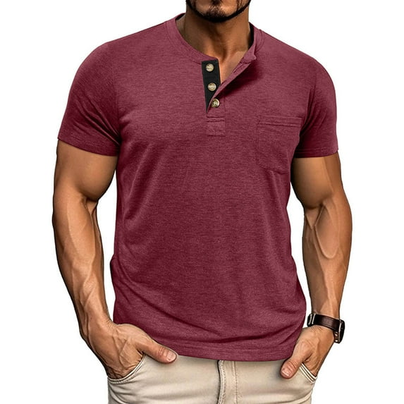 Antqov Mens T Shirts, Solid Color Short Sleeve Button Down Henley Shirt Tops with Pocket, Daily Fashion Fitness Casual Cozy Workout Shirts