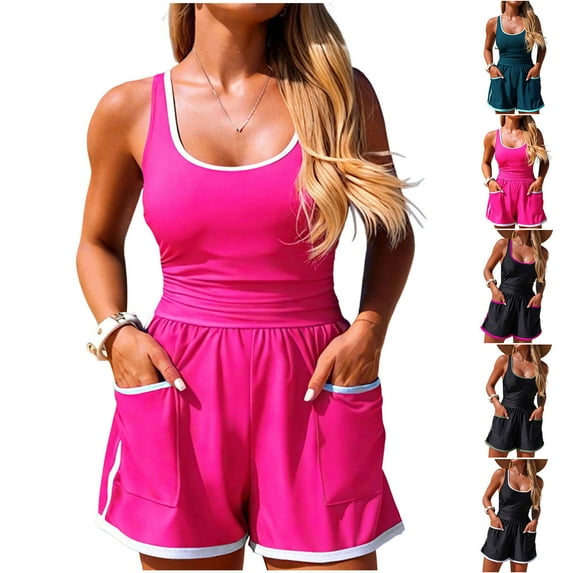 Antqov One Piece Swimsuit Women, Sport Color Block Round Neck Jumpsuit Athletic Swimwear with Pockets, Summer Beach wear Conservative Casual Comfy Bathing Suit