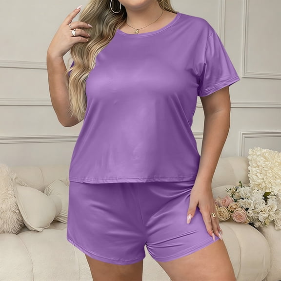 Antqov Pajamas for Women Set, Plus Size Solid Color Crew Neck Sleep Set 2 Piece Lounge Short Sleeve Tops and Shorts, Daily Comfy Casual Soft Homewear Pajama Set for Summer