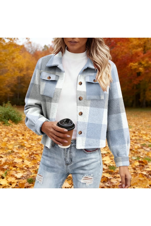 Plaid Jacket for Women, Woolen Button Lapel Collar Cropped Coats with Pockets, Daily Fashion Comfortable Casual Jackets