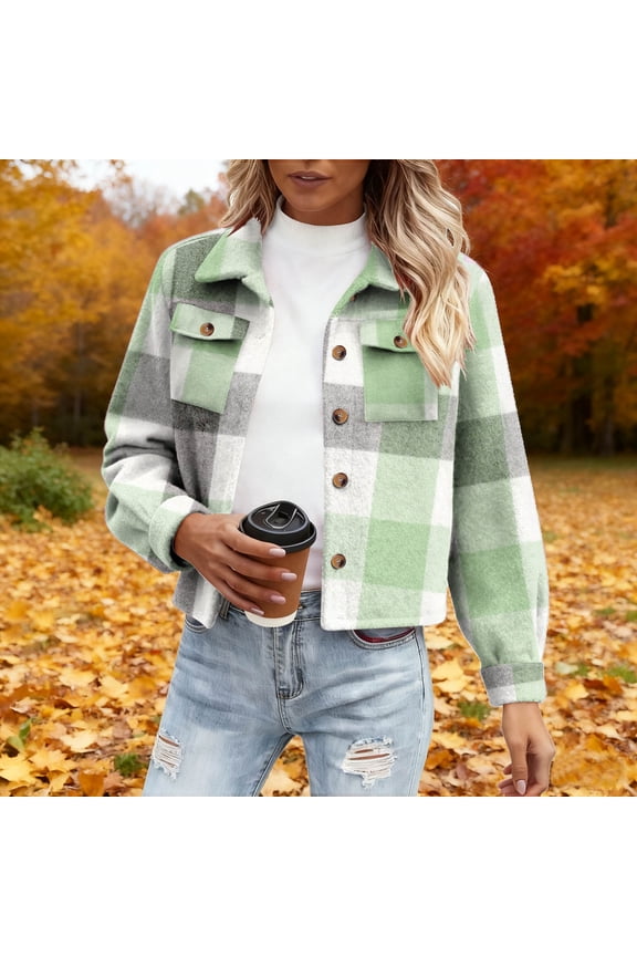 Plaid Jacket for Women, Woolen Button Lapel Collar Cropped Coats with Pockets, Daily Fashion Comfortable Casual Jackets