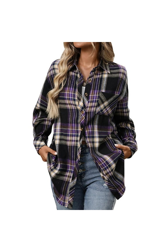 Plaid Shirts for Women, Long Sleeve Cotton Lapel Button Down Shirt Shackets Boyfriend Blouses, Daily Casual Cozy Soft Basic Checkered Jacket with Pocket
