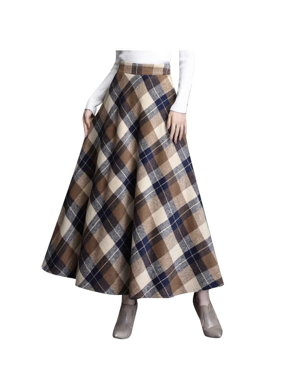 Plaid Skirts for Women, High Waisted A Line Long Wool Skirt with Pockets, Winter Daily Stylish Casual Vintage Maxi Skirt
