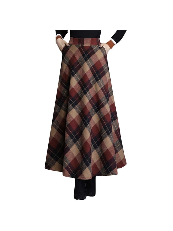 Plaid Skirts for Women, High Waisted A Line Long Wool Skirt with Pockets, Winter Daily Stylish Casual Vintage Maxi Skirt