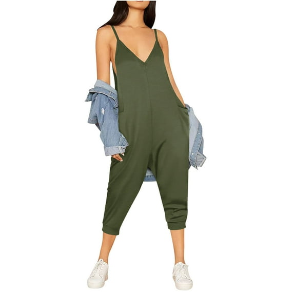 Summer Savings Clearance 2025! Antqov Plus Size Jumpsuits for Women,Summer Rompers for Womens,Women's Summer Casual Breathable Comfort Sports Suspender Solid Color Jumpsuit Pants Green XXL
