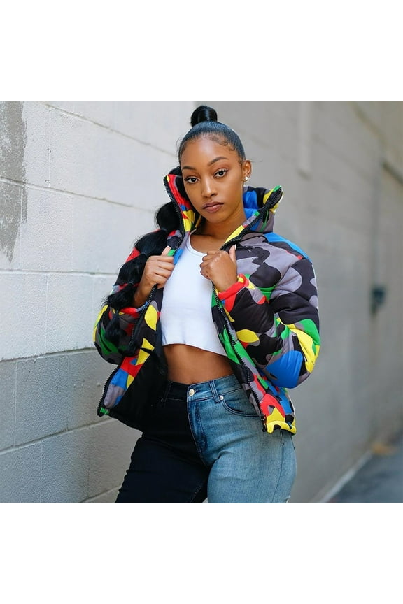 Puffer Jacket Womens, Plus Size Zipper Stand Collar Cropped Camouflage Down Jackets with Pockets, Winter Outdoor Trendy Warm Lightweight Cotton Coats