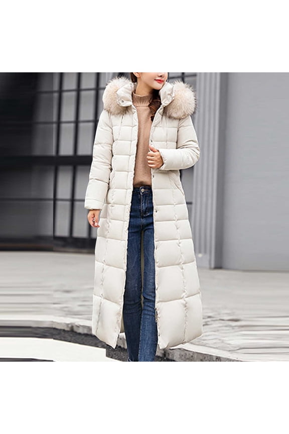 Puffer Jacket Womens, Solid Color Extra Long Length Over Knee Thick Hooded Down Jackets with Pockets, Winter Outdoor Warm Windproof Thickened Overcoat