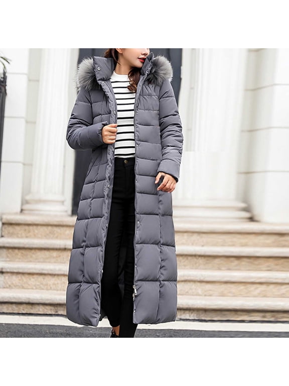 Puffer Jacket Womens, Solid Color Extra Long Length Over Knee Thick Hooded Down Jackets with Pockets, Winter Outdoor Warm Windproof Thickened Overcoat