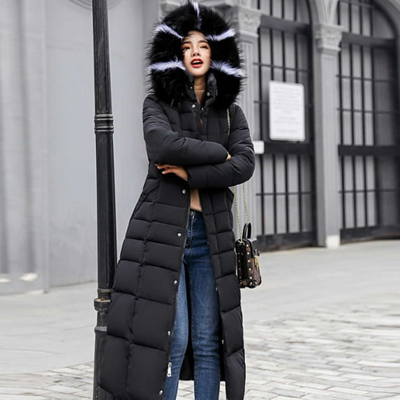 Antqov Puffer Jacket Womens, Solid Color Extra Long Length Over Knee Thick Hooded Down Jackets with Pockets, Winter Outdoor Warm Windproof Thickened Overcoat