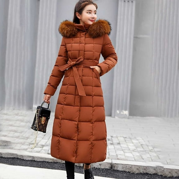 Antqov Puffer Jacket Womens, Solid Color Extra Long Length Over Knee Thick Hooded Down Jackets with Pockets, Winter Outdoor Warm Windproof Thickened Overcoat