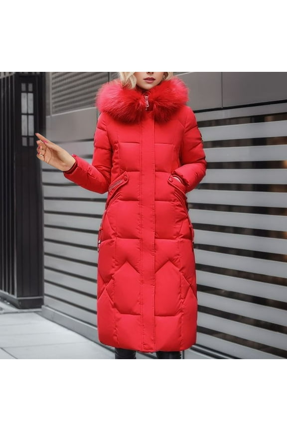 Puffer Jacket Womens, Solid Color Extra Long Plus Size Zipper Thick Collar Hooded Down Jackets with Pockets, Winter Outdoor Warm Comfy Windbreak Oversized Coats