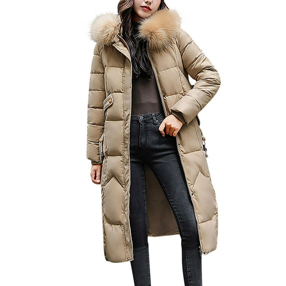 Antqov Puffer Jacket Womens, Solid Color Extra Long Zipper Hooded Down Jackets with Pockets, Winter Outdoor Windproof Thickened Comfortable Warm Coats