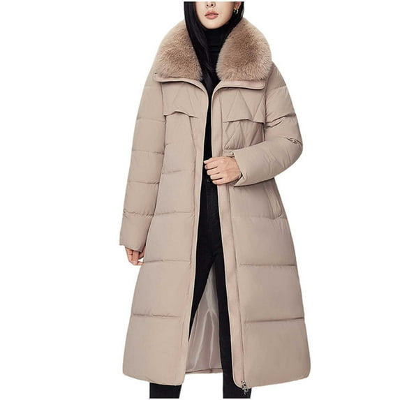 Antqov Puffer Jacket Womens, Solid Color Extra Long Zipper Tapered Waist Thick Collar Down Jackets with Belt Pockets, Winter Outdoor Trendy Streetwear Warmth Thickened Coats