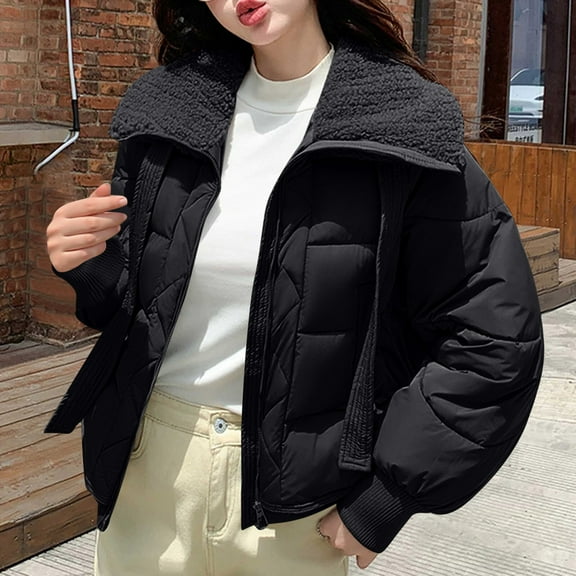 Antqov Puffer Jacket Womens, Solid Color Fleece Lapel Zipper Down Jackets with Pockets, Winter Outdoor Fashion Lightweight Warm Coats