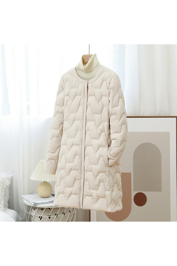 Puffer Jacket Womens, Solid Color Long Crewneck Button Oversized Quilted Down Jackets with Pockets, Winter Daily Casual Lightweight Comfortable Warm Overcoat