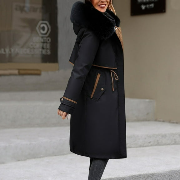 Antqov Puffer Jacket Womens, Solid Color Zipper Button Drawstring Tailored Waist Large Thick Collar Hooded Down Jackets with Pockets, Winter Outdoor Oversized Windproof Thickened Warm Coats