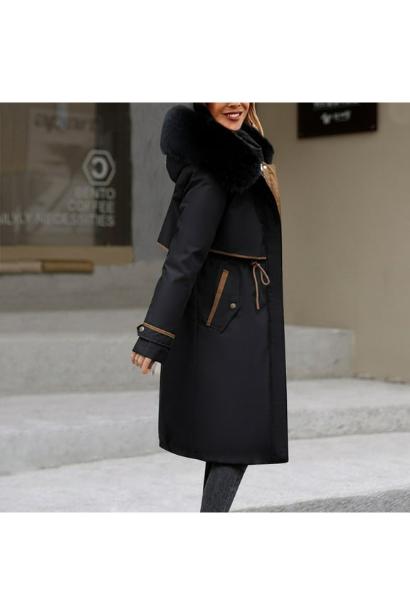 Puffer Jacket Womens, Solid Color Zipper Button Drawstring Tailored Waist Large Thick Collar Hooded Down Jackets with Pockets, Winter Outdoor Oversized Windproof Thickened Warm Coats