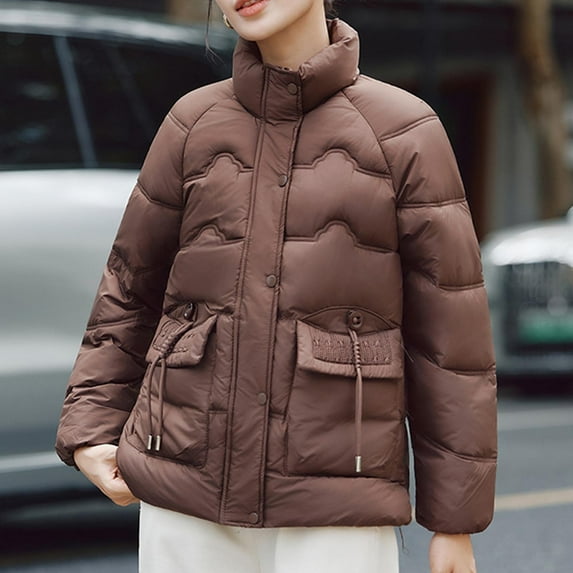 Antqov Puffer Jacket Womens, Solid Color Zipper Button Stand Collar Quilted Down Jackets with Pockets, Winter Daily Lightweight Comfortable Loose Warm Outerwear