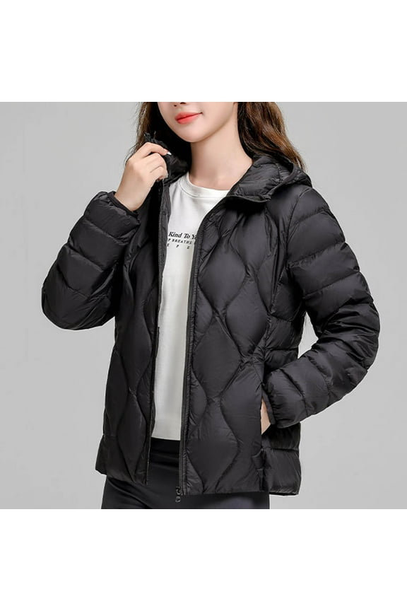 Puffer Jacket Womens, Solid Color Zipper Short Length Quilted Hooded Down Jackets with Pockets, Winter Daily Lightweight Comfortable Soft Casual Coats
