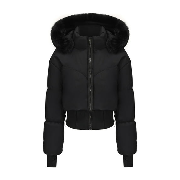 Antqov Puffer Jacket Womens, Solid Color Zipper Thumb Hole Tapered Waist Stand Collar Hooded Down Jackets, Winter Outdoor Lightweight Stylish Casual Warm Outerwear