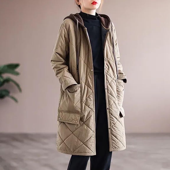 Antqov Puffer Jacket Womens, Solid olor Long Quilted Drawstring Hooded Down Jackets with Pockets, Winter Outdoor Oversized Comfortable Casual Coats