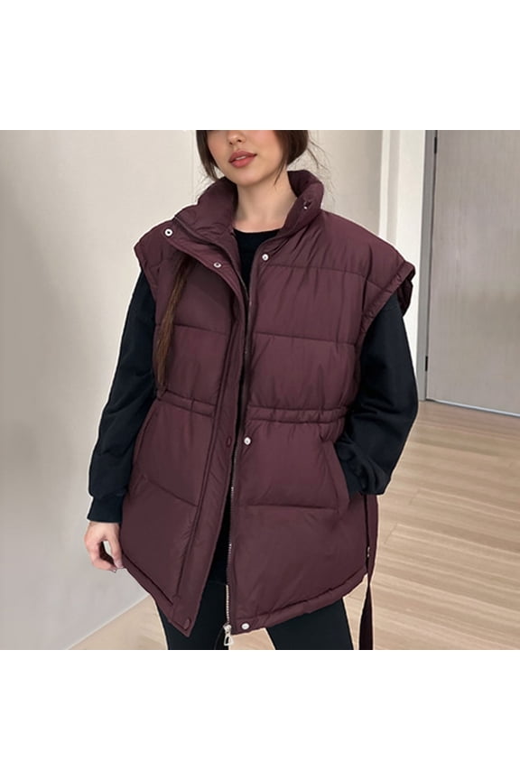 Puffer Vest Women, Solid Color Stand Up Zip Up Collar Waist Strap Snap Fastener Vest Jacket with Pockets, Winter Trendy Warm Lightweight Comfortable Coats