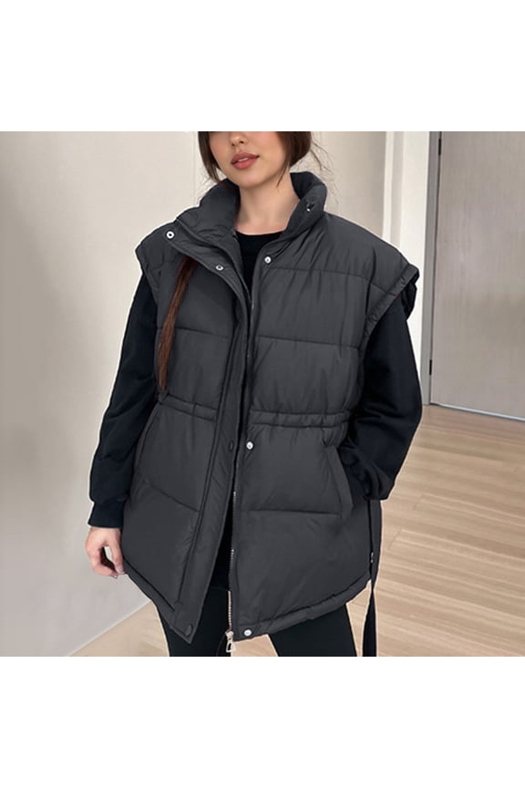 Puffer Vest Women, Solid Color Stand Up Zip Up Collar Waist Strap Snap Fastener Vest Jacket with Pockets, Winter Trendy Warm Lightweight Comfortable Coats